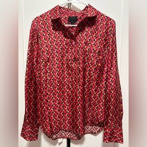 J. Crew 100% Silk Button Up Geometric Print Collared‎ Long Sleeves Size 10